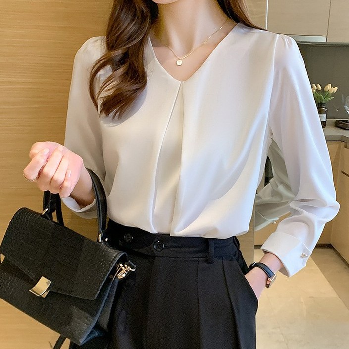 FINE ART 여성 봄 가을셔츠 긴팔 루즈핏 브이넥 블라우스