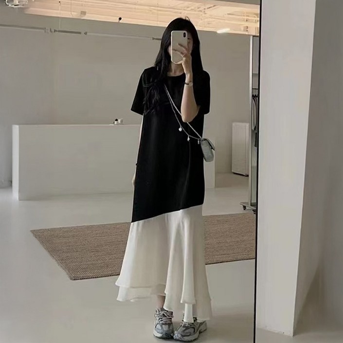 언발 배색 루즈핏 플레어 쉬폰 롱원피스