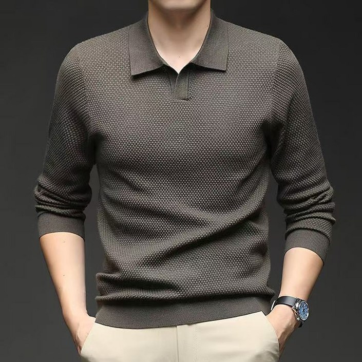 남성 가을 브이넥 파인플 긴팔 카라 니트 티셔츠