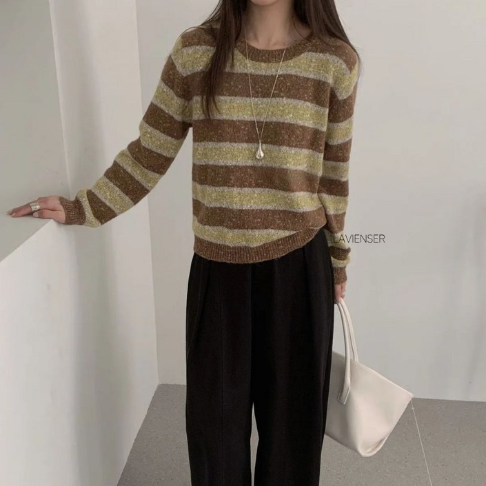 라비엔서 여성 데일리 줄무늬 스웨터 가을 겨울 니트 라운드넥