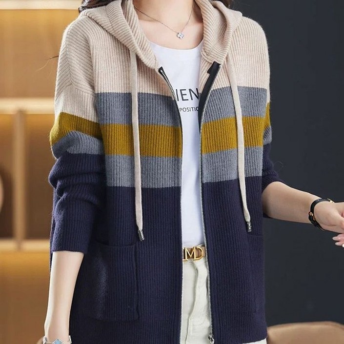 ORZQU 가을 겨울 여자 캐주얼 루즈핏 배색 스트라이프 후드 니트 아우터 집업 스웨터