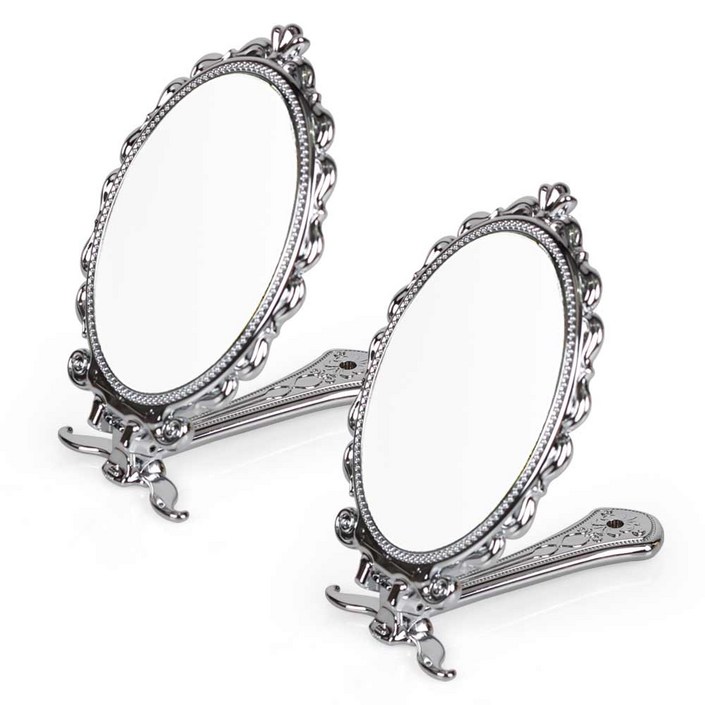 휴대용 접이식 거울 손거울 엔틱 공주거울, 2개, 실버