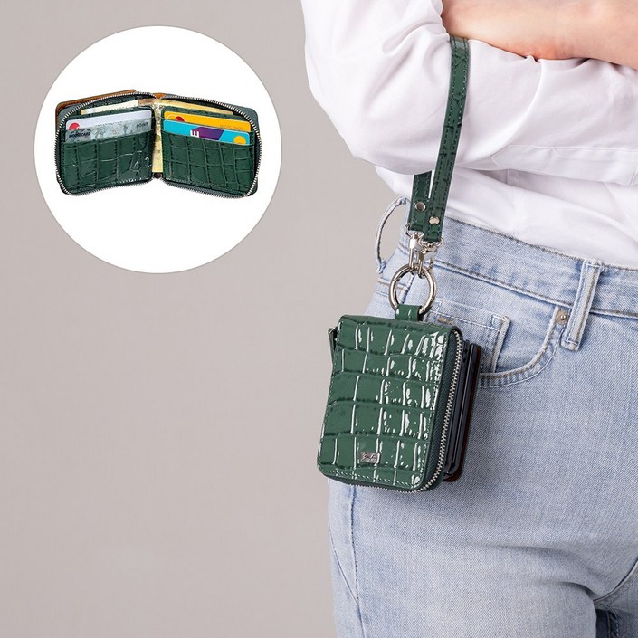 본아띠 천연소가죽 악어 돌체 지갑형 지퍼 힌지보호 갤럭시 Z플립 케이스핸드 스트랩