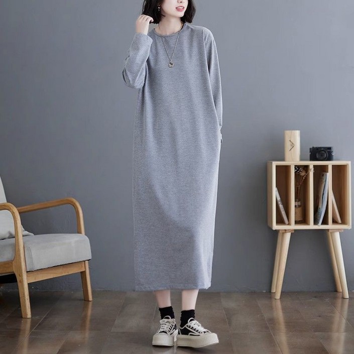 여성 무지 순면 옆트임 라운드넥 롱 티셔츠 원피스 봄 가을 빅사이즈 루즈핏 긴팔 캐주얼 이너 원피스 치마