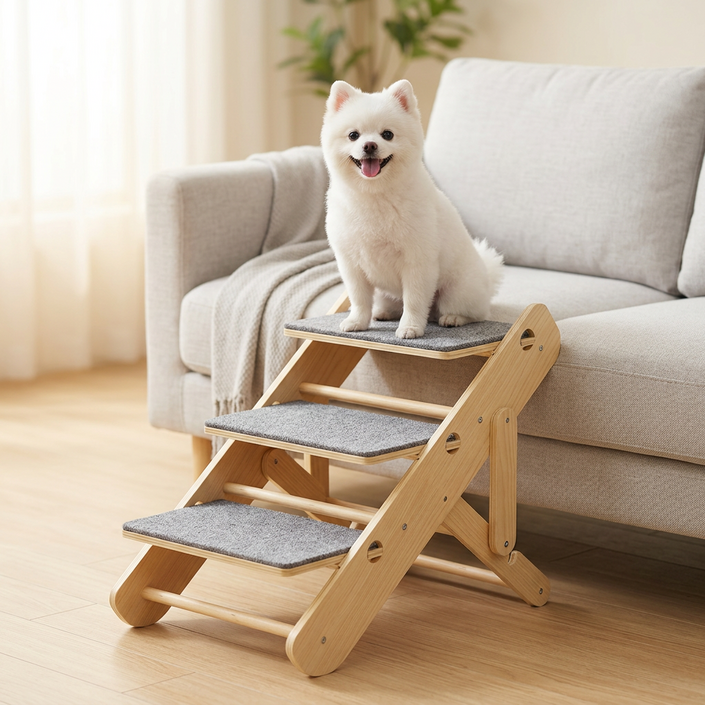 강아지 계단 슬개골 보호 반려동물 계단 소형견 원목 논슬립 미끄럼방지 접이식 계단, 1개, 원목