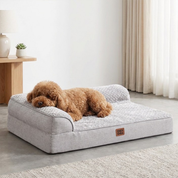 EHEYCIGA 메모리폼 함유 정형외과 L자 테두리 반려견 강아지방석 사계절용 푹신한 편안한 반려견 소파, 1개, 연회색