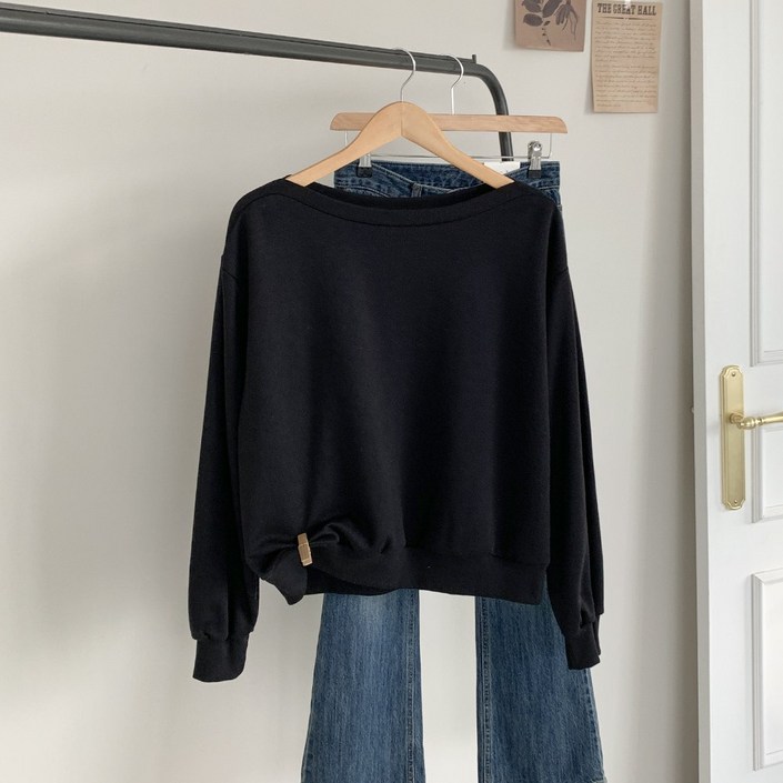 행복여 유스 입술 보트넥 가오리핏 맨투맨 티셔츠