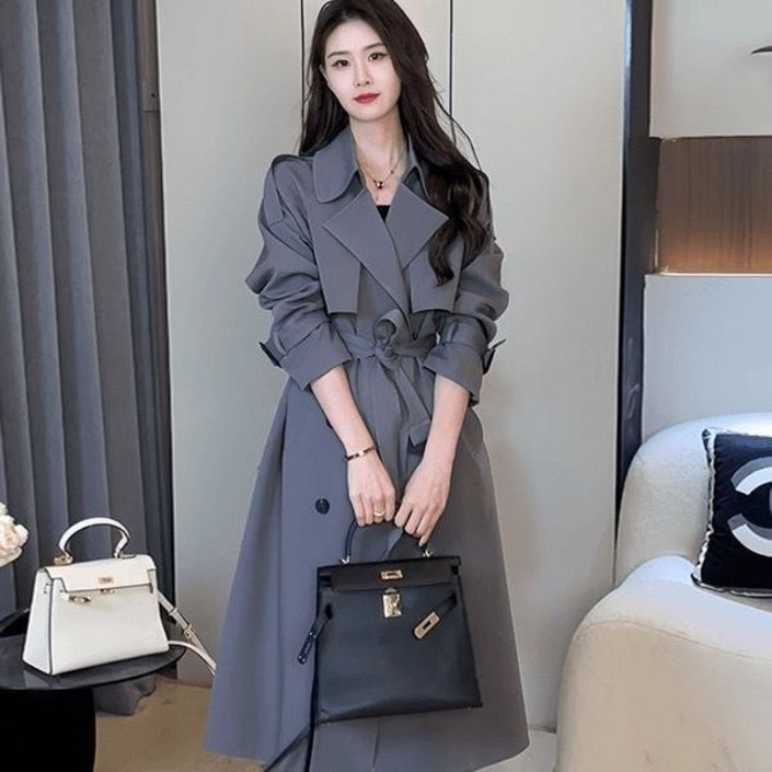 AOKADA 여성 봄 가을 루즈핏 카라넥 A라인 트렌치 롱 코트