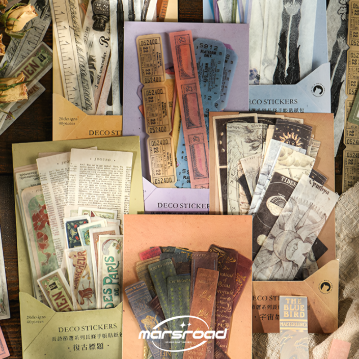마스로드 세로 빈티지 라벨 다꾸 스티커 팩 6종 감성 고전 레트로 꽃 우주 티켓 영문 테이프 다이어리 꾸미기 스티커모음, 1개입, 5. 복고프레임