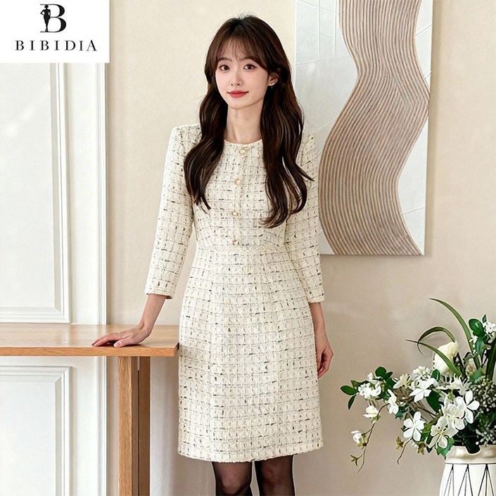 비비디아 여성용 트위드 원피스 퍼프소매 반팔 하객룩 결혼식 오피스 정장 여성 미디 원피스 5580