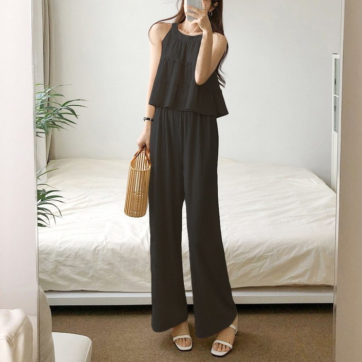 요시아나 당일발송 세이렌 홀터넥 탑 롱팬츠 투피스 세트 2컬러