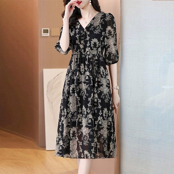 besteffie 여성용 쉬폰 원피스 봄 여름 가을 쉬폰 원피스 꽃무늬 브이넥 허리띠 중소매 드레스 E56