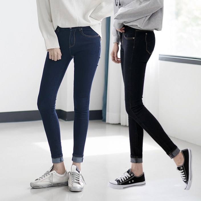 여성용 데일리 생지 스키니진 블랙 진청 허리 스판 청바지