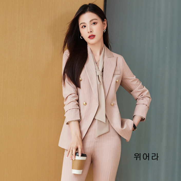 페이퍼먼츠 스트라이프 슬림핏 골드 버튼 자켓 롱 팬츠 투피스 세트 02718