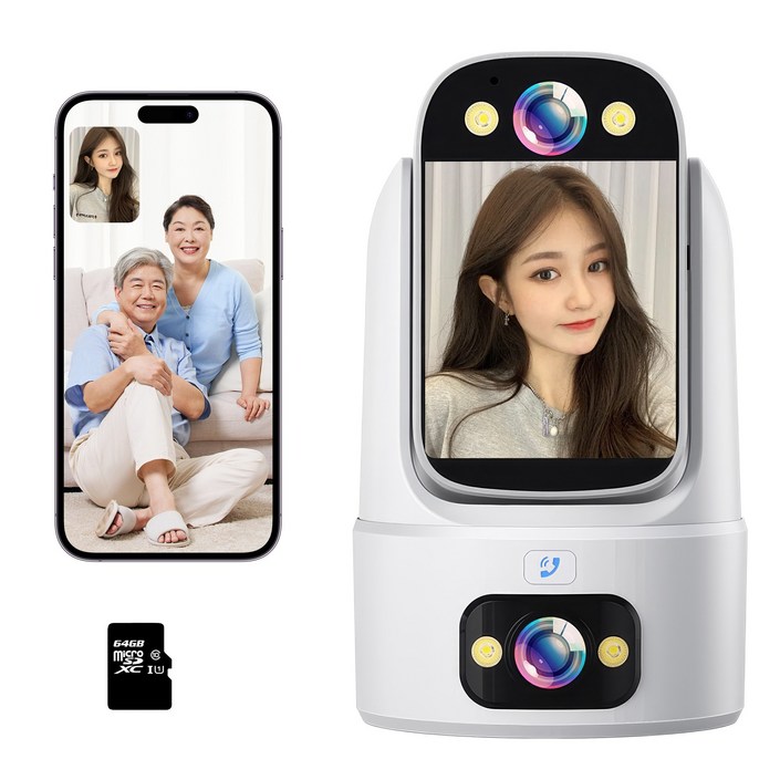 RUN기술 스마트 AI Wi-Fi 홈캠 듀얼 렌즈 360도 회전형 양방향 영상통화 카메라