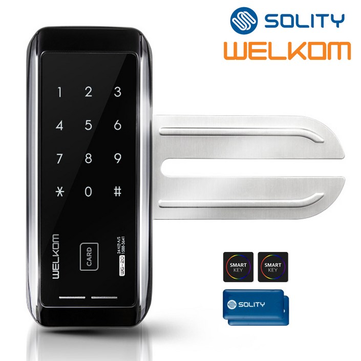 솔리티 웰콤 WG20 카드키4개번호키 강화유리문용 좌우수문인식키패드자동전환 상시문열림기능 차임벨기능 생활방수 상가 빌라 현관문 디지털도어락 도어록, 웰콤 WG20 단문형홀더 미포함, 고객직접설치