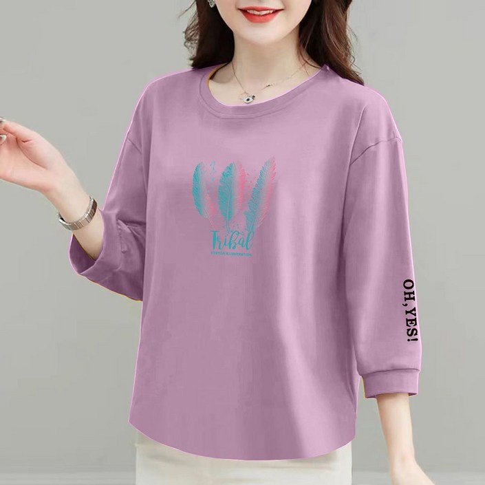 ROYALBELLE 여성 순면 깃털 프린트 7부소매 티셔츠 루즈핏 라운드넥 캐주얼 쇼트핏 티셔츠 V081602