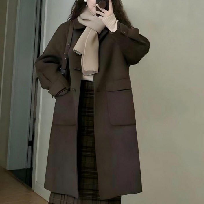 패션고리 여성 카라넥 고급 모직 롱 코트 HQ124