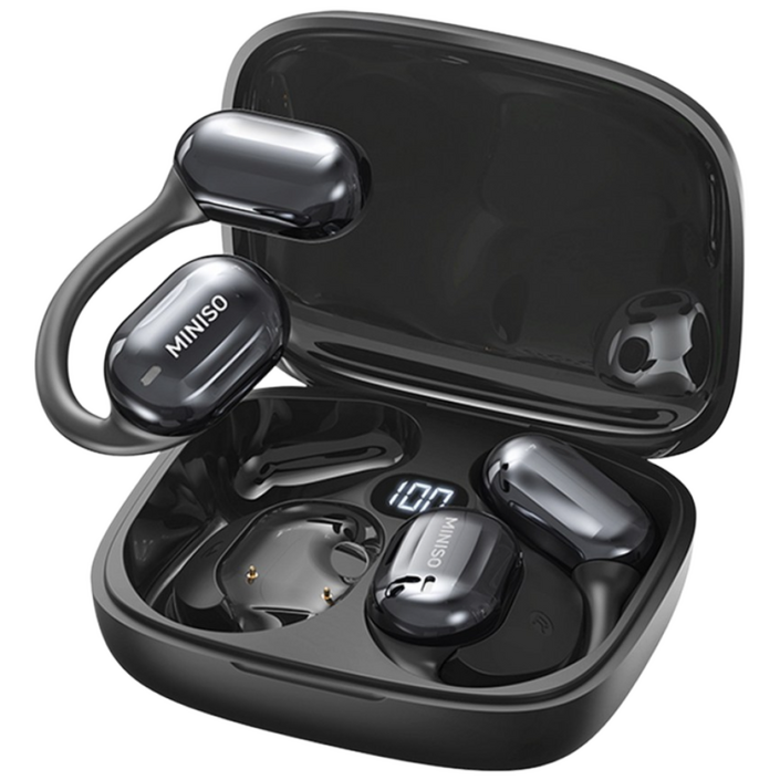 MINISO 이어폰 AI 자동통역 이어폰 블루투스 오픈형 회의 실시간 기록 양방향 통역, 블랙, MS162