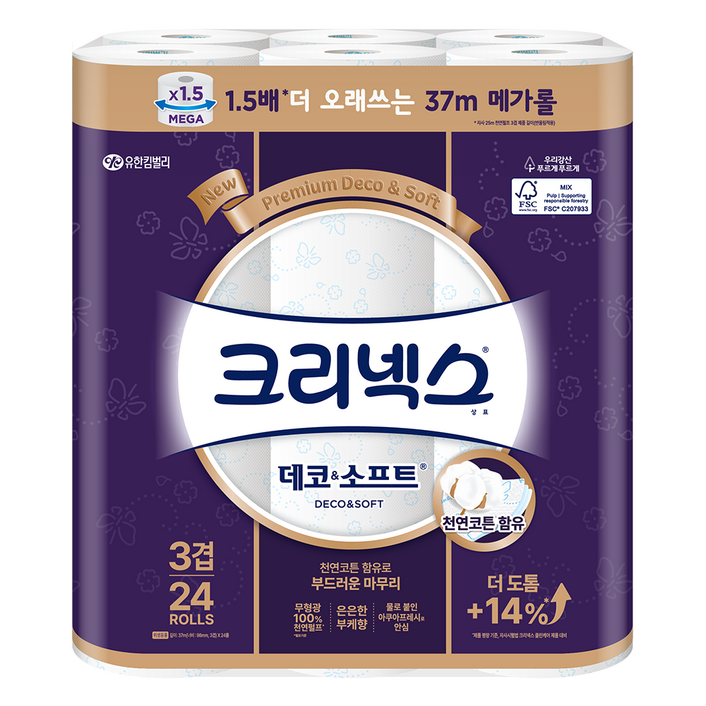 크리넥스 3겹 데코소프트 천연펄프 고급롤화장지, 37m, 24개입, 1개