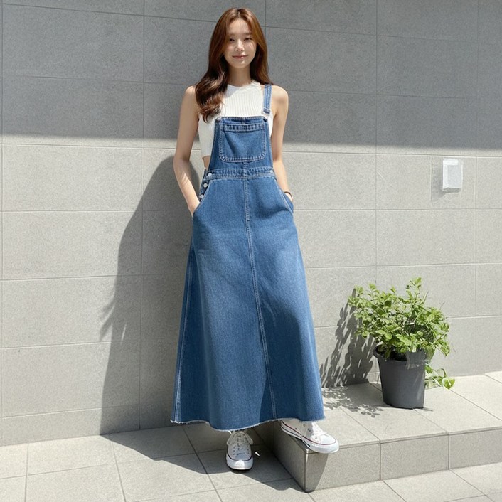 메이첼 소란 빅사이즈 오버롤 루즈핏 데님 맥시 롱 멜빵 스커트 12473