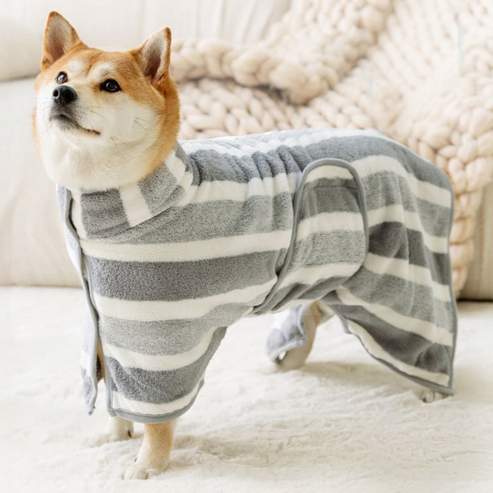 MAAH 강아지 중형 대형 스트라이프 샤워가운, 그레이, 1개