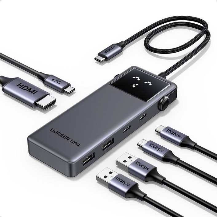 UGREEN 유그린 Uno 6 in 1 C타입 멀티 허브 10Gbps 데이터 전송 포트 4K@60Hz HDMI2.0 지원 스마트 이모티콘 상태 표시