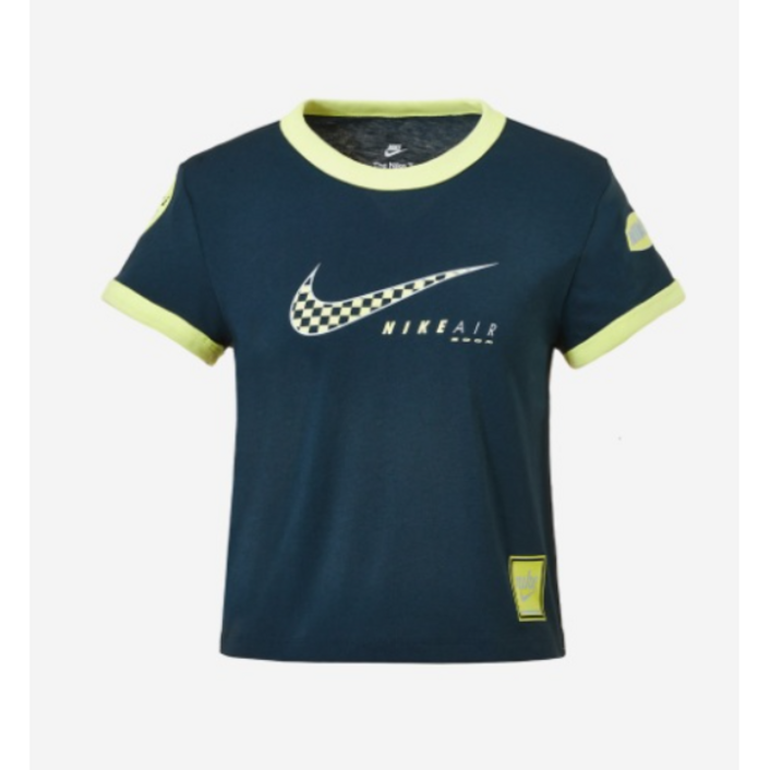 나이키 여성용 네이비 옐로우 배색 티셔츠 - 경쾌한 그래픽 로고 반팔 탑