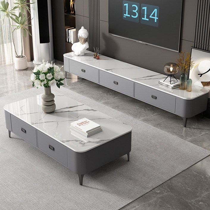 BYOU 강화유리 거실 테이블 원목 수납 쇼파 테이블 1000 1200 1300, 눈산 화이트 + 회색 캐비닛