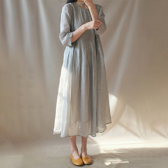 ORZQU 여성 여름 롱 원피스 2컬러 라운드 7부 소매 루즈핏 빅사이즈 면마 원피스