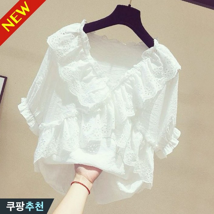 완전 편한 80kg까지 여성 랩 흰색 쿨 반팔 블라우스 티셔츠 여름 추천 빅사이즈 브이넥 디자인 모던 솔리드 휴양지 벌룬소매 데일리 프릴 빅카라 펀칭 루즈핏 셔츠 브라우스