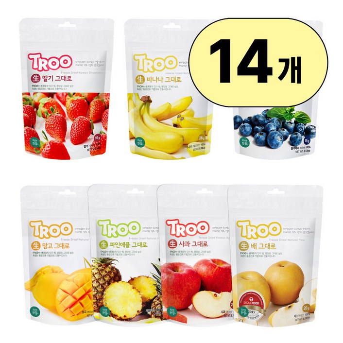 TROO 동결건조 과일칩 딸기 사과 바나나 블루베리 망고 파인애플 배 7종 14봉 묶음, 1세트, 288g TROO 동결건조 과일칩 딸기 사과 바나나 블루베리 망고 파인애플 배 7종 14봉 묶음, 1세트, 288g