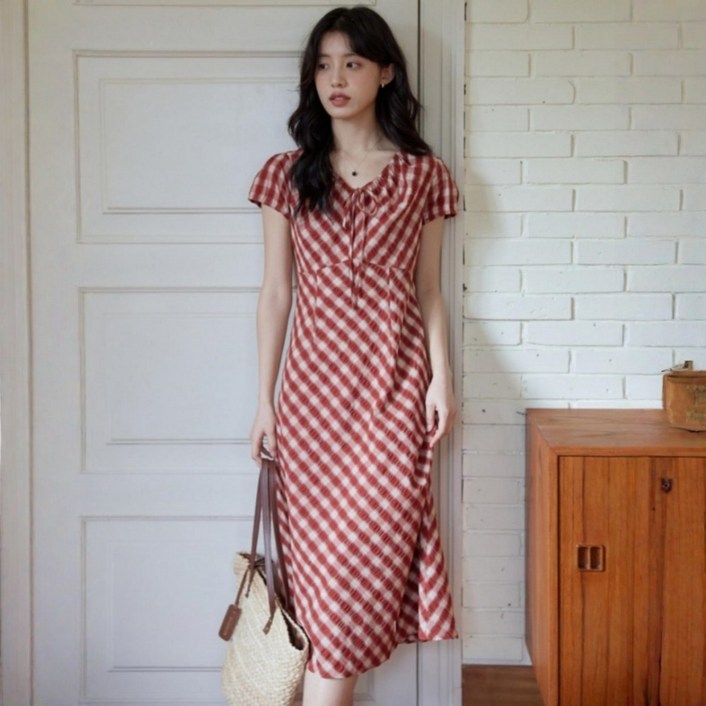 LUNATURE 여성 여름 리본 체크 원피스 레드 반팔 빅사이즈 휴양지