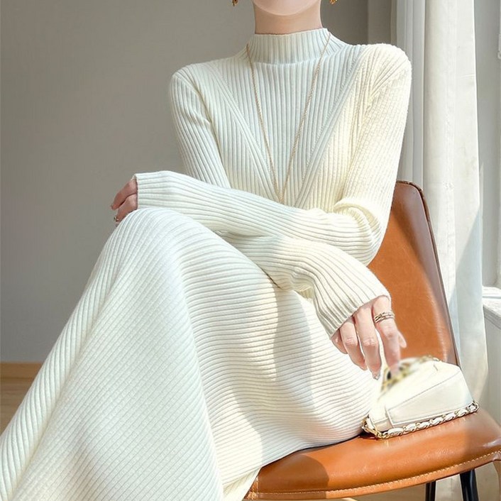 AOKADA 여성 가을 겨울 슬림핏 반목 골지 롱 니트 원피스