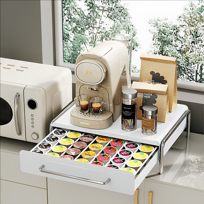 체블스 커피 머신 캡슐 수납장 슬라이드 틈새 디귿 철제 수납함, 1개, 화이트 와이드 41cm