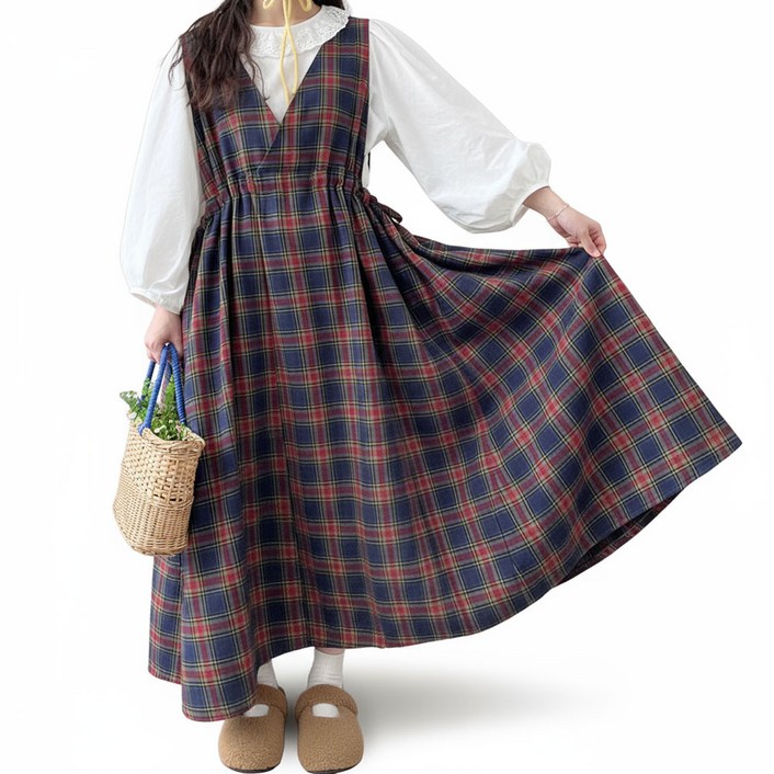 55-120 빅사이즈 가을 겨울 타탄 체크 뷔스티에 롱원피스 스트링 조절