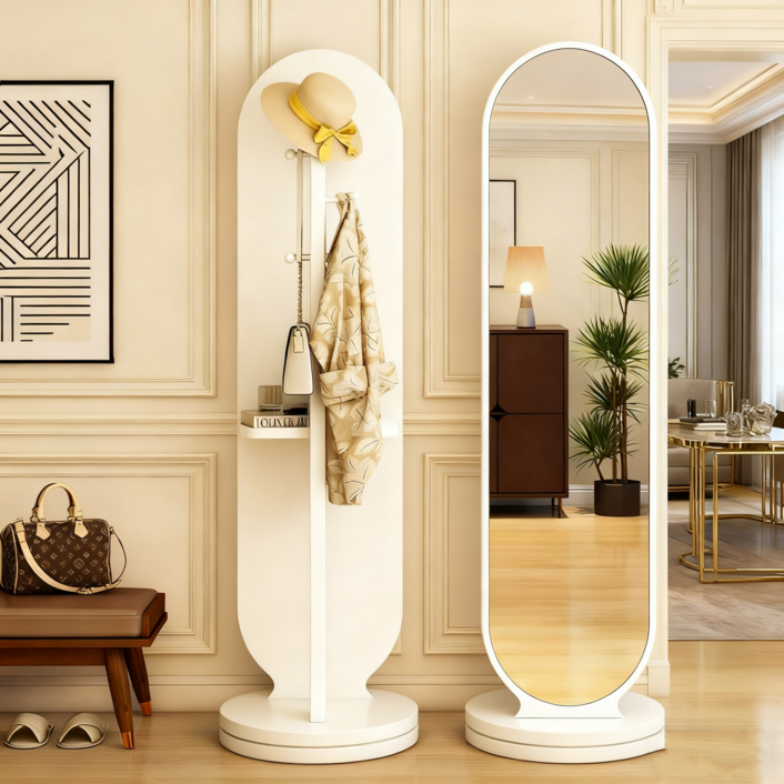 [SMTONE] 다용도 360도 회전식 스텐드형 전신거울 옷걸이행거 수납형 전신거울 1단 수납 행거 스탠드 옷걸이 시스템 행거, 화이트
