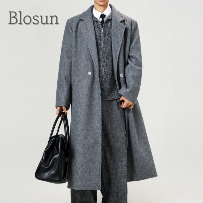 Blosun 남성 모직 겨울 롱코트 고급 정장 카라넥 베이직 빅사이즈 트렌치코 봄가을 발마칸 아우터 남자 패딩