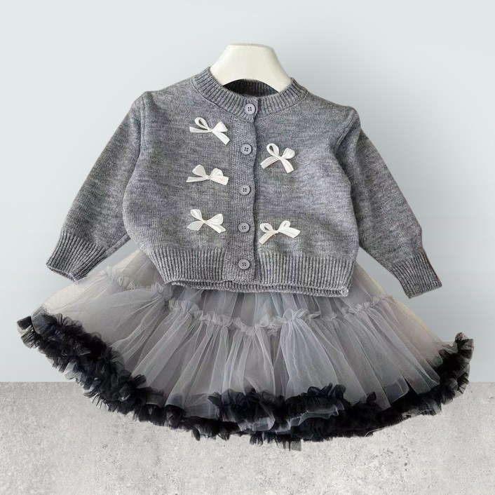 해피팡팡  -  여아 가디건+ 스커트 2종구성  봄 가을투피스 (나나리본가디건+스커트세트) 촬영룩 하객룩 자매룩 등원룩 공주투피스 생일파티  키즈 아동 가디건 치마 명절정장세트