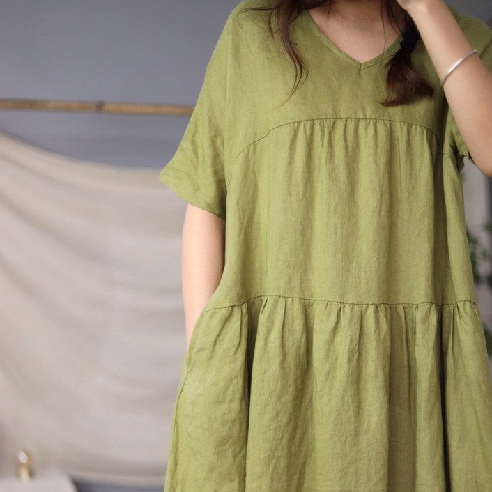 하마마스 브이넥 린넨 캉캉 원피스
