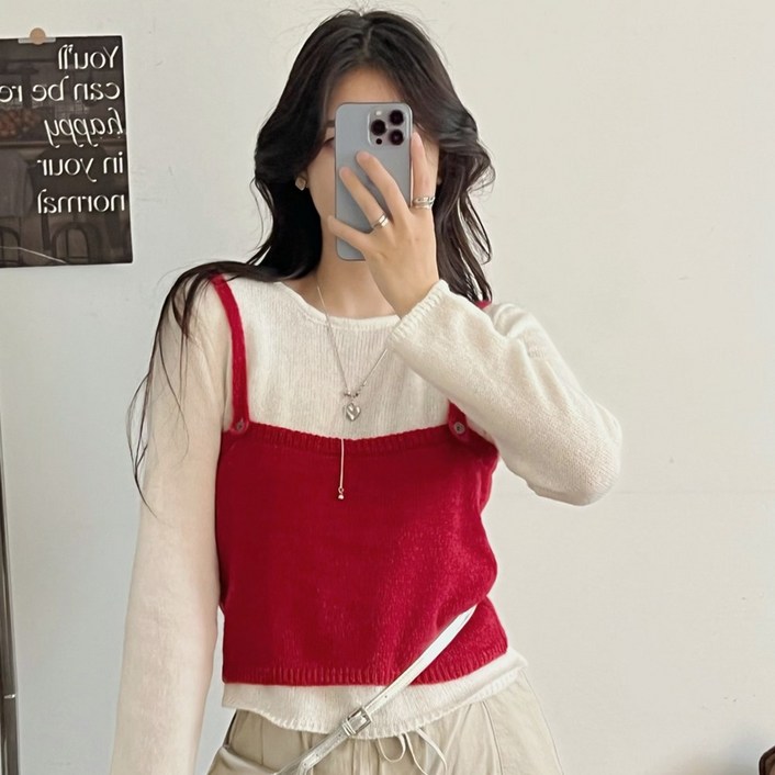 세컨핑크 뷔스티에 레이어드 라운드넥 울 혼방 니트 502