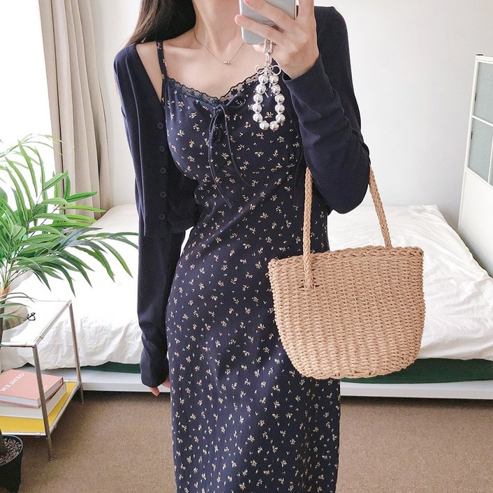 요시아나 당일발송 여리여리핏 르비덴 얇은 가디건 꽃무늬 끈나시 롱원피스 세트 2컬러