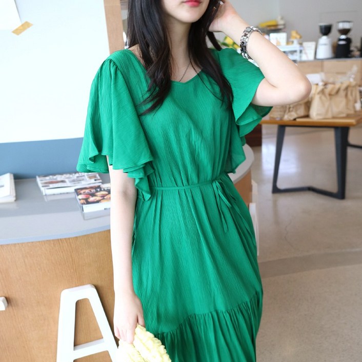 메리앤유 프릴소매 디테일 요루원단 롱원피스