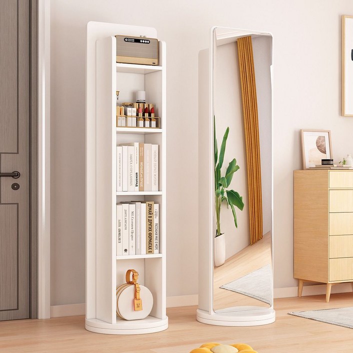 BYOU 원목 전신거울 인테리어 전신거울 360도 양쪽 회전 4단책장