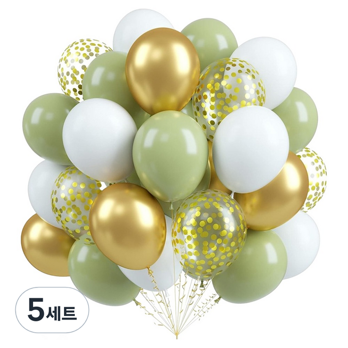 코히모 컨페티 크롬메탈 혼합풍선 30cm 4종 60p  리본끈 세트 5W0354, 5세트, 그린, 골드, 골드컨페티, 화이트