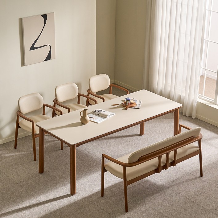 루시드퍼니처 샤를 세라믹 원목 식탁 6인용 + 벤치 + 의자3p 세트 방문설치, 샌드베이지 + 월넛(식탁), 베이지 + 월넛(의자), 일반 3 + 벤치 1