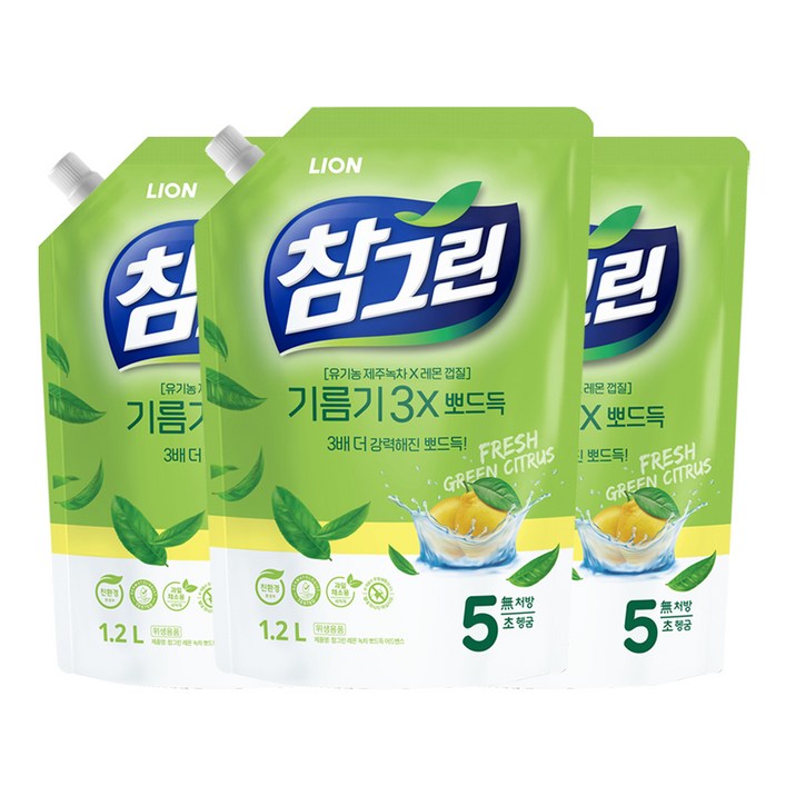참그린 레몬 녹차 뽀드득 어드밴스 주방세제 리필, 1.2L, 3개