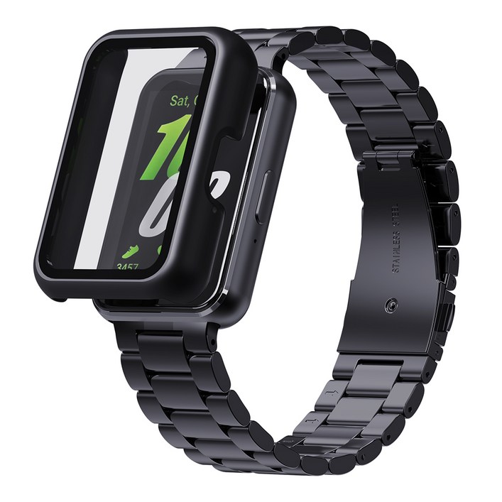 칸탐 갤럭시 핏3 호환 메탈 스트랩  풀커버 케이스 세트, 블랙, 1개