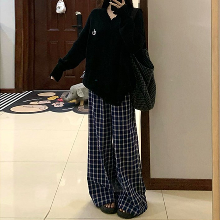 레몬소울 여성용 보보 체크 밴딩 와이드 팬츠