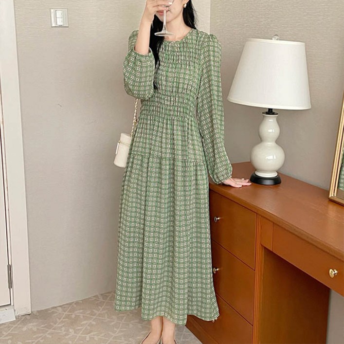 앤드스타일 여성용 T4토리로 스모크 패턴 롱 원피스 261404